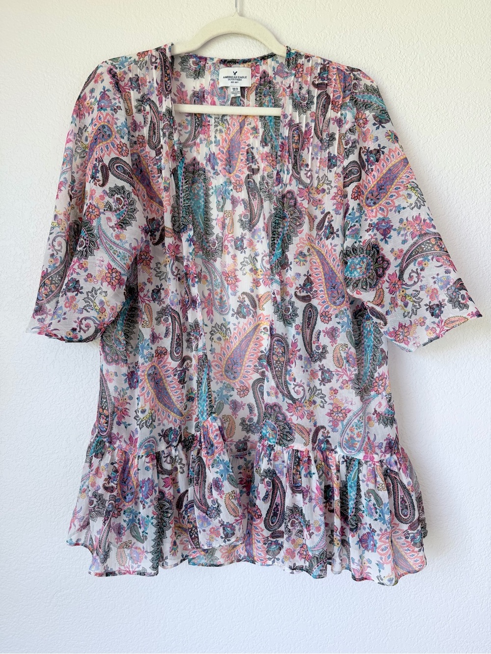 American Eagle Paisley Sheer Open Front Kimono Boho Ruffle Hem XS/S